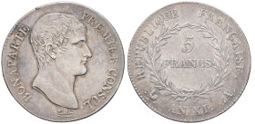 FRANCE - FRANCE
Consulat (1799-1804). 5 francs Bonaparte An XI (1803), A, Paris.
G.577 - F.301 ; Argent - 24,95 g - 37 mm - 6 h
TTB.