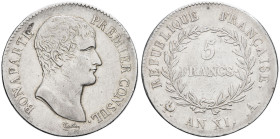 FRANCE - FRANCE
Consulat (1799-1804). 5 francs Bonaparte An XI (1803), A, Paris.
G.577 - F.301 ; Argent - 24,91 g - 37 mm - 6 h
Exemplaire nettoyé, un...