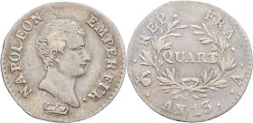 FRANCE - FRANCE
Premier Empire / Napoléon Ier (1804-1814). Quart de franc calendrier révolutionnaire An 13 (1805), A, Paris.
G.346 - F.158 ; Argent - ...