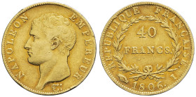 FRANCE - FRANCE
Premier Empire / Napoléon Ier (1804-1814). 40 francs tête nue, calendrier grégorien 1806, I, Limoges.
G.1082 - F.538 - Fr.481 ; Or - 1...