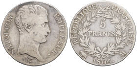 FRANCE - FRANCE
Premier Empire / Napoléon Ier (1804-1814). 5 francs Empereur, calendrier grégorien 1806, M, Toulouse.
G.581 - F.304 ; Argent - 24,46 g...