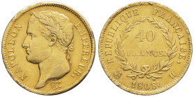 FRANCE - FRANCE
Premier Empire / Napoléon Ier (1804-1814). 40 francs République 1808, H, La Rochelle.
G.1083 - F.540 - Fr.495 ; Or - 12,87 g - 26 mm -...