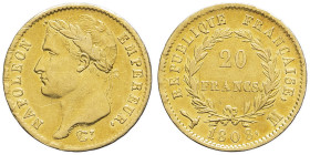 FRANCE - FRANCE
Premier Empire / Napoléon Ier (1804-1814). 20 francs République 1808, M, Toulouse.
G.1024 - F.515 - Fr.501 ; Or - 6,42 g - 21 mm - 6 h...