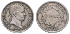 FRANCE - FRANCE
Premier Empire / Napoléon Ier (1804-1814). Quart de franc République 1807, A, Paris.
G.349 - F.161 ; Argent - 1,24 g - 15 mm - 6 h
Pre...