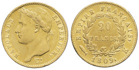 FRANCE - FRANCE
Premier Empire / Napoléon Ier (1804-1814). 20 francs Empire 1809, K, Bordeaux.
G.1025 - F.516 - Fr.513 ; Or - 6,39 g - 21 mm - 6 h
TTB...