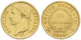 FRANCE - FRANCE
Premier Empire / Napoléon Ier (1804-1814). 20 francs Empire 1810, K, Bordeaux.
G.1025 - F.516 - Fr.513 ; Or - 6,39 g - 21 mm - 6 h
TTB...