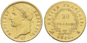FRANCE - FRANCE
Premier Empire / Napoléon Ier (1804-1814). 20 francs Empire 1810, K, Bordeaux.
G.1025 - F.516 - Fr.513 ; Or - 6,41 g - 21 mm - 6 h
TTB...