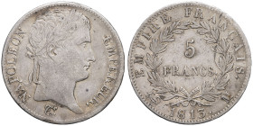 FRANCE - FRANCE
Premier Empire / Napoléon Ier (1804-1814). 5 francs Empire 1813, M, Toulouse.
G.584 - F.307 ; Argent - 24,78 g - 37 mm - 6 h
TTB.