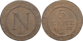 FRANCE - FRANCE
Premier Empire / Napoléon Ier (1804-1814). 5 centimes Napoléon Empereur 1808, BB, Strasbourg.
G.127 ; Cuivre - 6,53 g - 28 mm - 12 h
D...