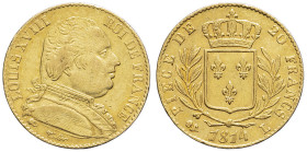 FRANCE - FRANCE
Louis XVIII (1814-1824). 20 francs buste habillé 1814, L, Bayonne.
G.1026 - F.517 - Fr.525 ; Or - 6,38 g - 21 mm - 6 h
Une marque de f...