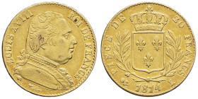 FRANCE - FRANCE
Louis XVIII (1814-1824). 20 francs buste habillé 1814, L, Bayonne.
G.1026 - F.517 - Fr.525 ; Or - 6,40 g - 21 mm - 6 h
TTB.