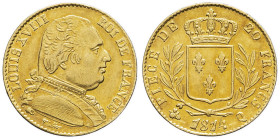 FRANCE - FRANCE
Louis XVIII (1814-1824). 20 francs buste habillé 1814, Q, Perpignan.
G.1026 - F.517 - Fr.525 ; Or - 6,45 g - 21 mm - 6 h
TTB à Superbe...