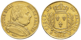 FRANCE - FRANCE
Louis XVIII (1814-1824). 20 francs buste habillé 1814, W, Lille.
G.1026 - F.517 - Fr.525 ; Or - 6,44 g - 21 mm - 6 h
Exemplaire légère...