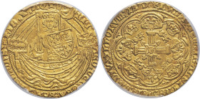 GRANDE-BRETAGNE - UNITED KINGDOM
Richard II (1377-1399). Noble d’or, sans le titre de France ND, Londres.
S.1655 - Fr.100 ; Or - 7,65 g - 33 mm - 9 h
...