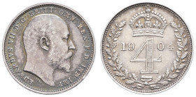 GRANDE-BRETAGNE - UNITED KINGDOM
Édouard VII (1901-1910). 4 pence 1904, Londres.
S.3986 - KM.798 ; Argent - 1,89 g - 17,5 mm - 12 h
Superbe.