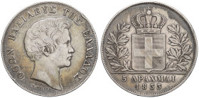 GRÈCE - GREECE
Othon Ier (1832-1862). 5 drachmes 1833, A, Paris.
KM.20 - Hellas 111 ; Argent - 22,16 g - 38 mm - 6 h
Deux coups sur le listel à l’aver...