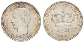 GRÈCE - GREECE
Georges Ier (1863-1913). 50 lepta 1874, A, Paris.
KM.37 ; Argent - 2,51 g - 18 mm - 6 h
Frappe régulière sur un flan parfait, aux relie...