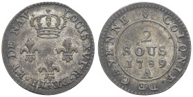 GUYANE - GUYANA
Louis XVI (1774-1792). 2 sous de Cayenne 1789, A, Paris.
Lec.20 ; Billon - 2,07 g - 22 mm - 6 h
TTB.