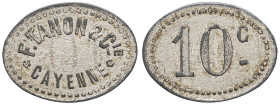 GUYANE - GUYANA
IIIe République (1870-1940). Monnaie de nécessité, F. Tanon & Cie à Cayenne, 10 centimes ND.
Élie 10.5 - Lec.353 ; Zinc nickelé - 1,89...
