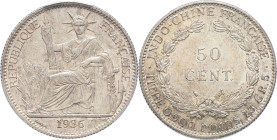 INDOCHINE - INDOCHINA
IIIe République (1870-1940). 50 cent(ièmes) 1936, Paris.
Lec.261 ; Argent - 29 mm - 6 h
PCGS MS64 (51870823). 
Superbe à Fleur d...