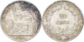 INDOCHINE - INDOCHINA
IIIe République (1870-1940). 20 cent(ièmes) 1902, A, Paris.
Lec.205 ; Argent - 26 mm - 6 h
PCGS MS63 (51870642). 
Superbe à Fleu...