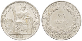INDOCHINE - INDOCHINA
IIIe République (1870-1940). 20 cent(ièmes) 1921, A, Paris.
Lec.221 ; Argent - 5,41 g - 26 mm - 6 h
Superbe.