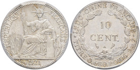 INDOCHINE - INDOCHINA
IIIe République (1870-1940). 10 cent(ièmes) 1921, A, Paris.
Lec.162 ; Argent - 19 mm - 6 h
PCGS Genuine Cleaned-AU Detail (51870...