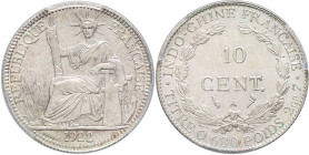 INDOCHINE - INDOCHINA
IIIe République (1870-1940). 10 cent(ièmes) 1922, A, Paris.
Lec.163 ; Argent - 19 mm - 6 h
PCGS MS65 (51870621). 
Fleur de coin....