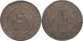 INDOCHINE - INDOCHINA
IIIe République (1870-1940). 1 centième 1887, A, Paris.
Lec.39 - KM.1 ; Bronze - 31 mm - 6 h
PCGS Genuine Environmental Damage-A...