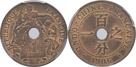 INDOCHINE - INDOCHINA
IIIe République (1870-1940). 1 cent 1906, A, Paris.
Lec.60 ; Bronze - 27,5 mm - 6 h
Top Pop : c’est le plus bel exemplaire gradé...