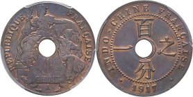 INDOCHINE - INDOCHINA
IIIe République (1870-1940). 1 cent 1917, A, Paris.
Lec.77 ; Bronze - 26 mm - 6 h
Top Pop : c’est le plus bel exemplaire gradé !...