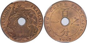 INDOCHINE - INDOCHINA
IIIe République (1870-1940). 1 cent 1937, A, Paris.
Lec.98 ; Bronze - 26 mm - 6 h
Provient de la collection Jean Lecompte.
PCGS ...