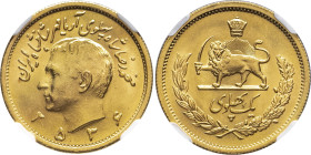IRAN - IRAN
Mohammad Reza Pahlavi (1941-1979). Pahlavi MS 2536 (1977), Téhéran.
KM.1200 - Fr.101 ; Or - [8,13] g - 22 mm - 12 h
NGC MS 65+ (2098859-00...