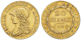 ITALIE - ITALY
Gaule subalpine (1800-1802). 20 francs Marengo An 9 (1801), Turin.
G.IT 5 1d) - DMP.894 - M.6 - Fr.1172 ; Or - 6,39 g - 21 mm - 6 h
TTB...