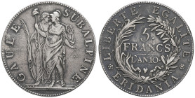 ITALIE - ITALY
Gaule subalpine (1800-1802). 5 francs An 10 (1802), Turin.
G.IT 4 - KM-C4 - Mont.10 - Dav.197 ; Argent - 23,86 g - 37 mm - 6 h
TB à TTB...