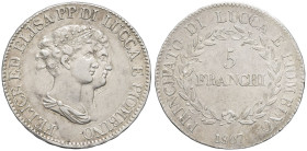 ITALIE - ITALY
Lucques, Elisa Bonaparte et Felix Baciocchi (1805-1814). 5 franchi 1807, Florence.
G.IT 46 - DMP.943 ; Argent - 24,87 g - 37 mm - 6 h
T...