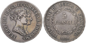 ITALIE - ITALY
Lucques, Elisa Bonaparte et Felix Baciocchi (1805-1814). 5 franchi 1808, Florence.
G.IT 46 - DMP.943 ; Argent - 24,87 g - 37 mm - 6 h
T...