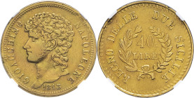 ITALIE - ITALY
Naples, Joachim Murat (1808-1815). 40 lire 1813, Naples.
G.IT 56 - MIR.439 - DMP.1002 - Fr.859 ; Or - [12,90] g - 26 mm - 12 h
NGC XF D...