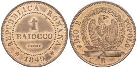 ITALIE - ITALY
Vatican, République romaine (1848-1849). 1 baiocco 1849, R, Rome.
M.66 - KM.22 ; Cuivre - 10,38 g - 30 mm - 6 h
Superbe à Fleur de coin...