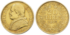 ITALIE - ITALY
Vatican, Pie IX (1846-1878). 20 lire 1867 - An XXII, R, Rome.
MIR.3162/9 - M.351 - P.535 - Fr.280 ; Or - 6,44 g - 21 mm - 6 h
TTB.