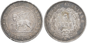 ITALIE - ITALY
Venise, Révolution (1848-1849). 5 lire 1848, V, Venise.
M.90 - KM.186 ; Argent - 24,90 g - 37 mm - 6 h
Quelques hairlines dans les cham...