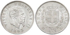 ITALIE - ITALY
Victor-Emmanuel II (1861-1878). Lira 1863 BN, M, Milan.
Cud.1198e - M.204 ; Argent - 5,07 g - 23 mm - 6 h
Superbe à Fleur de coin.
