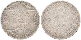 MAROC - MOROCCO
Abdül Aziz I (1894-1908). 5 dirhams AH 1321 (1903), Paris.
Lec.175 - 21.3 ; Argent - 12,43 g - 31,5 mm - 12 h
Quelques marques à l’ave...