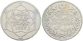 MAROC - MOROCCO
Moulay Hafid I (1908-1912). 5 dirhams (1/2 rial) AH 1329 (1911), Paris.
Lec.179 - KM.24 ; Argent - 12,26 g - 31,5 mm - 12 h
Léger nett...