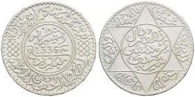 MAROC - MOROCCO
Moulay Yussef (1912-1927). 5 dirhams (1/2 rial) AH 1336 (1917), Paris.
Lec.184 - KM.32 ; Argent - 12,49 g - 32 mm - 12 h
Superbe.