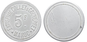 MAROC - MOROCCO
IIIe République (1870-1940). Monnaie de nécessité, Entreprise Collet & Gouvernet, 5 francs ND.
Élie 10.3b - Lec.304 ; Aluminium - 3,73...