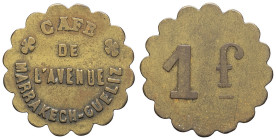 MAROC - MOROCCO
IIIe République (1870-1940). Monnaie de nécessité, Café de l’avenue à Marrakech-Gueliz, 1 franc ND.
Élie 10.3 - Lec.329 ; Laiton - 2,5...
