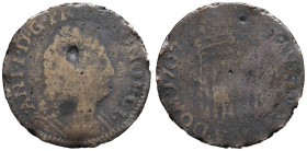 MONACO - MONACO
Antoine Ier (1701-1731). Pezzetta de 3 (?) sols 1707, Monaco.
G.MC90 - CC.153 ; Billon - 3,36 g - 25 mm - 6 h
Exemplaire fortement end...