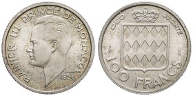 MONACO - MONACO
Rainier III (1949-2005). Essai de 100 francs en argent 1956, Paris.
G.MC143 ; Argent - 6,99 g - 24 mm - 6 h
Superbe à Fleur de coin.