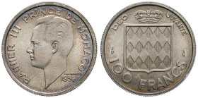 MONACO - MONACO
Rainier III (1949-2005). Essai de 100 francs en argent 1956, Paris.
G.MC143 ; Argent - 6,97 g - 24 mm - 6 h
Fleur de coin.